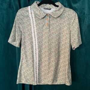 SHEIN Retro Floral Button Polo Shirt with Lace Detail